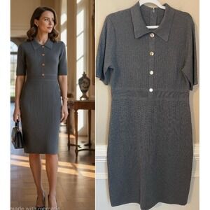 ST JOHN Size L Gray Viscose Ribbed Knit Short Sleeve Shirt Dress Gold Buttons
